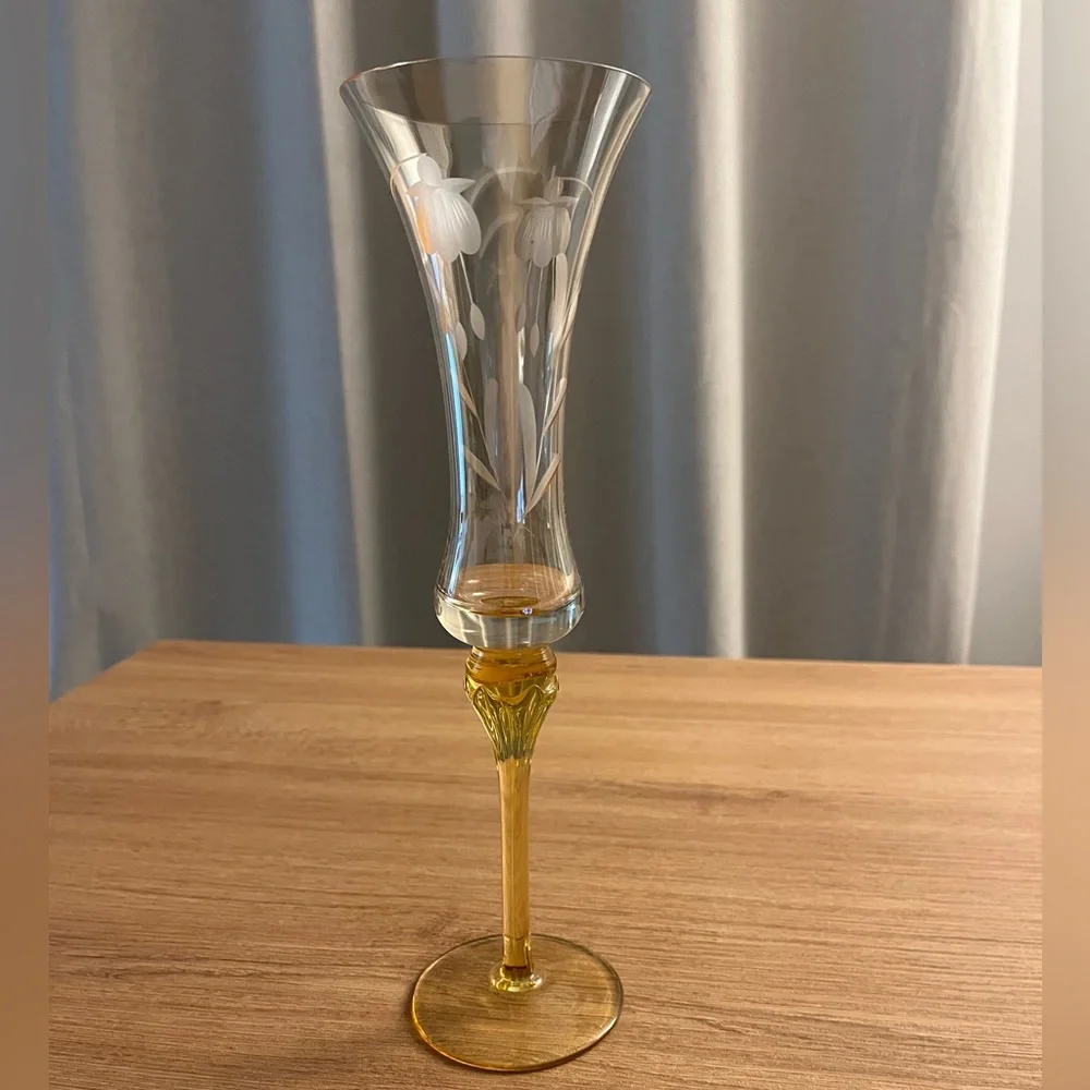 Vintage AMBER GLASS VASE Mid Century Sanyl Etched Amber Glass